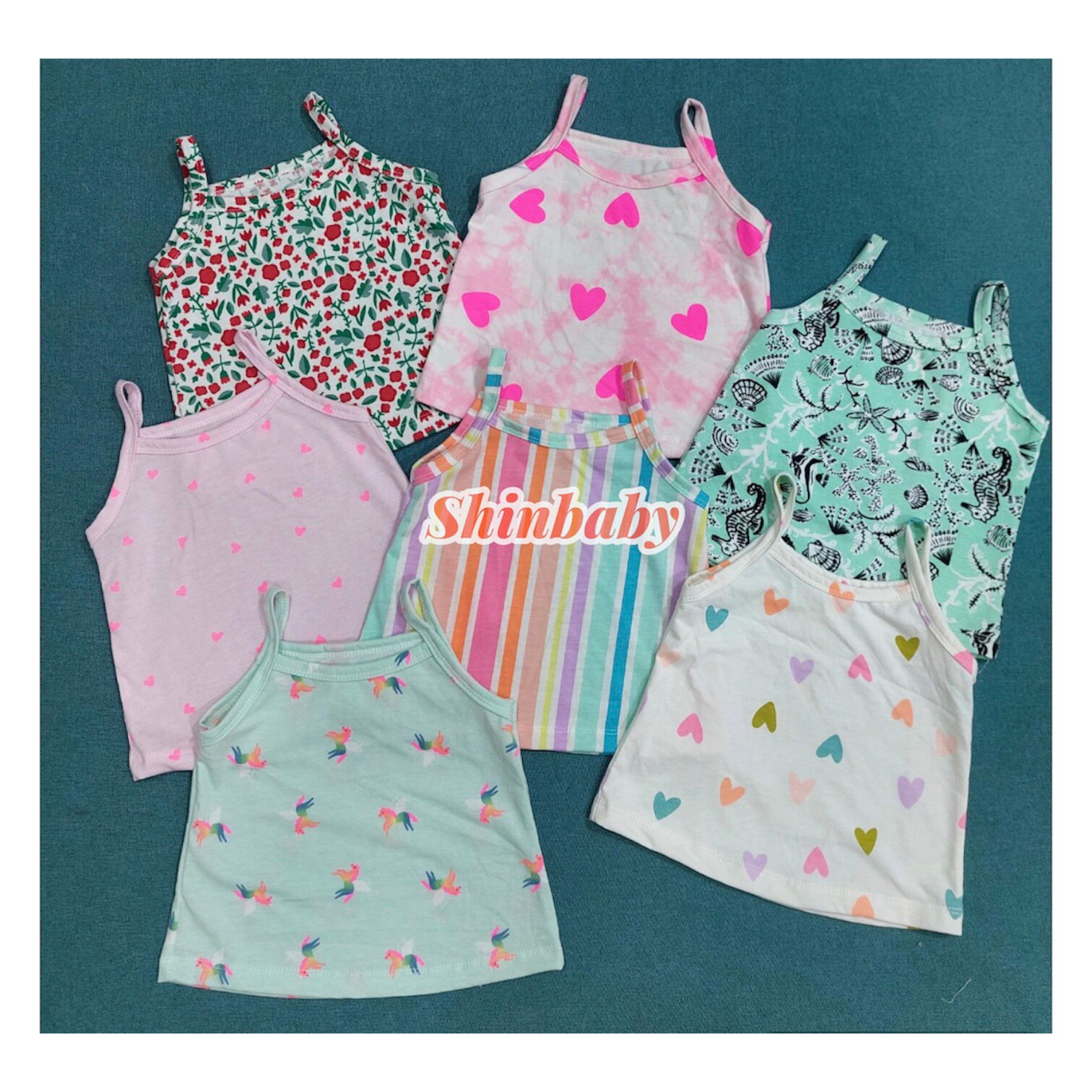 Set 5 áo hai dây cotton xuất dư mềm mát nhiều họa tiết dễ thương cho bé gái