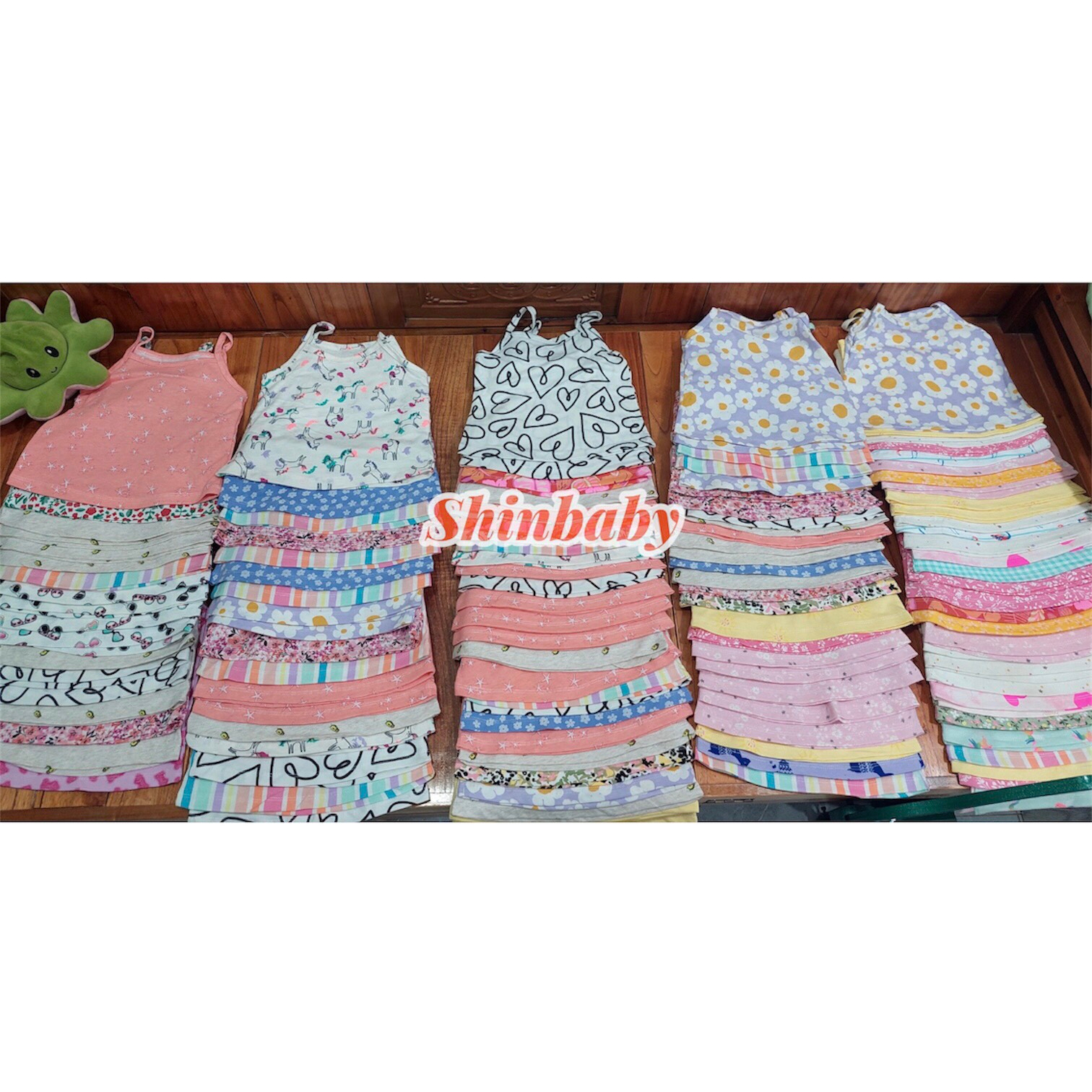 Set 5 áo hai dây cotton xuất dư mềm mát nhiều họa tiết dễ thương cho bé gái