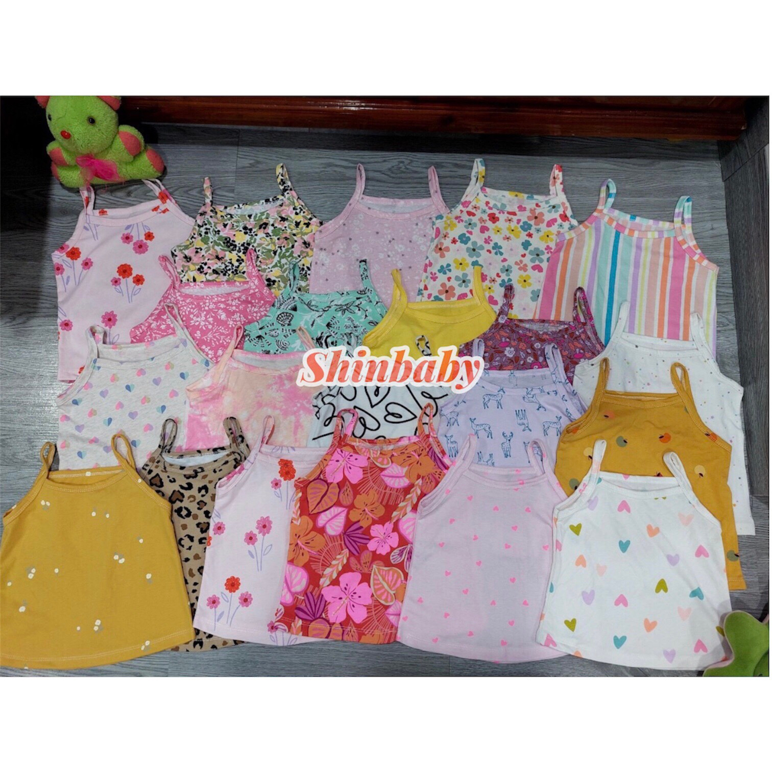 Set 5 áo hai dây cotton xuất dư mềm mát nhiều họa tiết dễ thương cho bé gái
