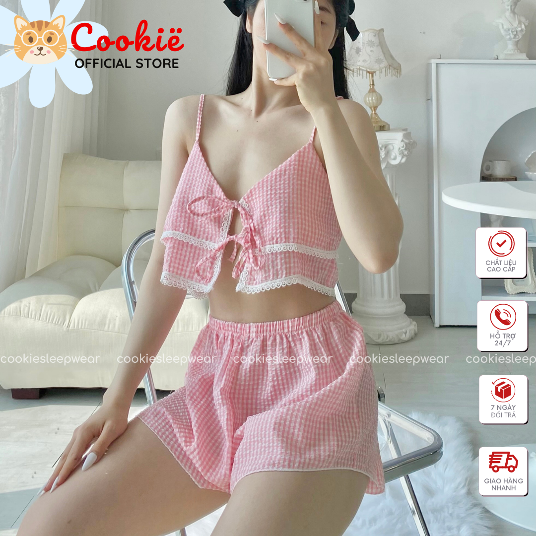 Set Quần Áo Ngủ, Bộ Đồ Ngủ Dài Mặc Nhà Sexy Dễ Thương Chất Caro Mịn Hai Dây Viền Ren Nơ Cực Xinh CHARM2304