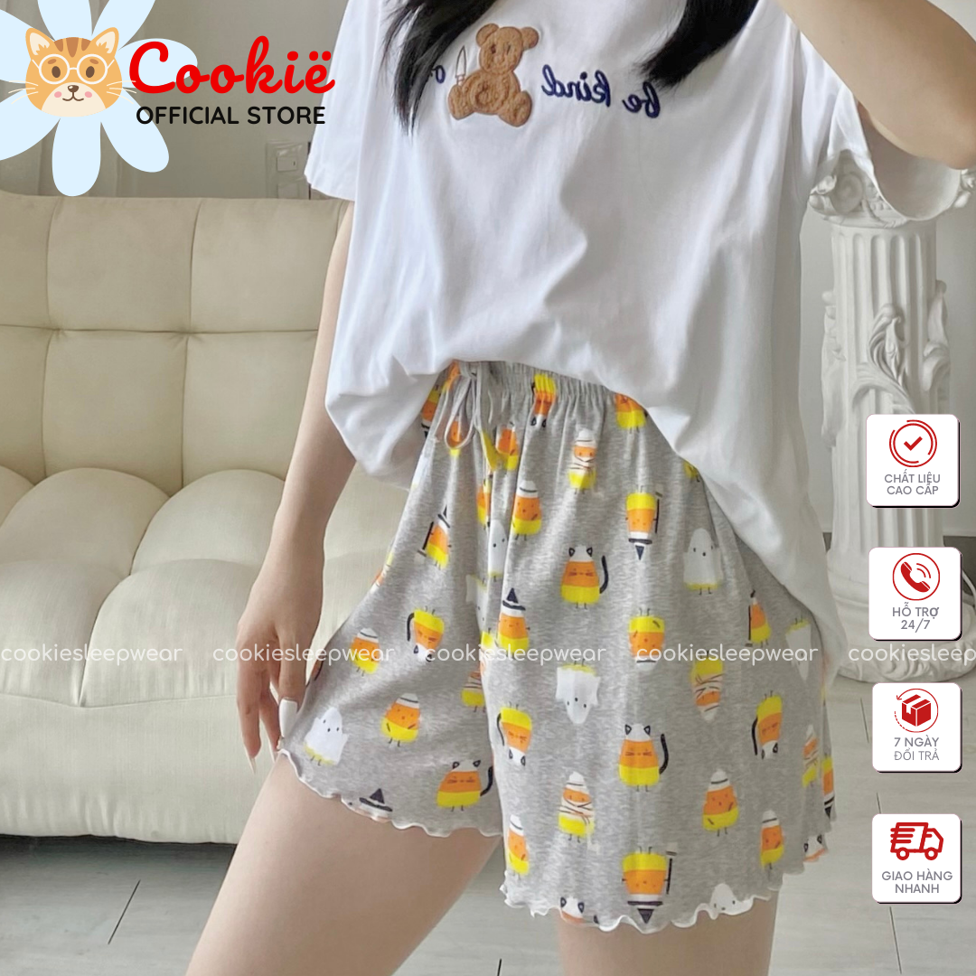 Quần đùi short thun nữ mặc nhà chất cotton thun bốn chiều mềm mịn mát ống xòe cạp thun dễ chịu họa tiết dễ thương SHOSHO