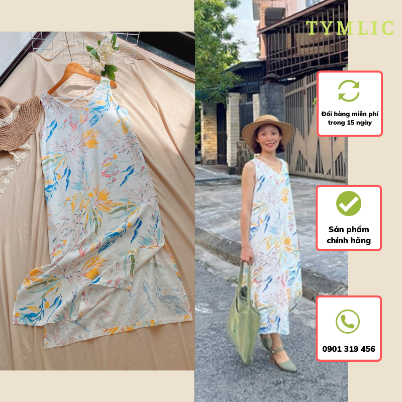 Đầm Suông Midi Linen Sát Nách Họa Tiết Hoa Lá TYMLIC
