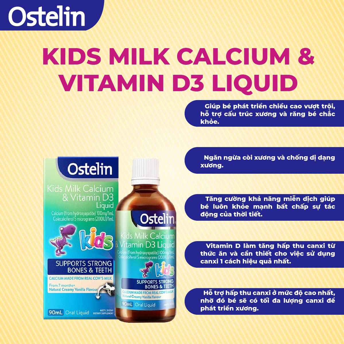 Combo 2 Siro bổ sung canxi cho bé trên 7 tháng tuổi Ostelin Kids Milk Calcium & Vitamin D3 Liquid 90ml của Úc