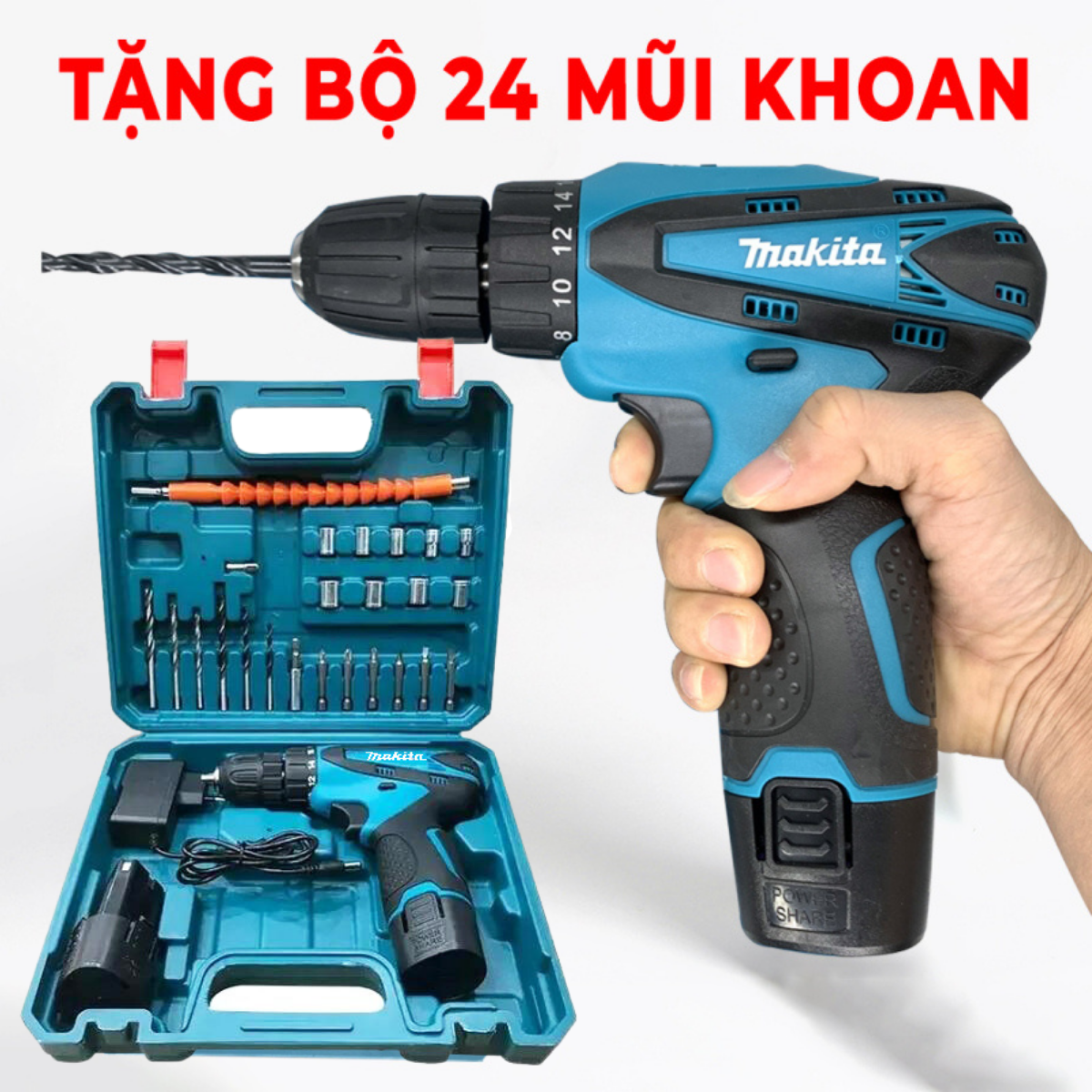 Máy khoan pin cầm tay, bắt vít cầm tay Makita 12V 2 pin tặng kèm vali phụ kiện tiện dụng