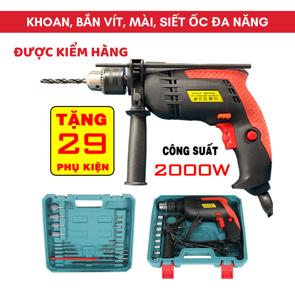 Máy Khoan Đa Năng 2000w Tặng Bộ Phụ Kiện - Máy Khoan Tường có đảo chiều, Bắt Vít, Gỗ, Kim Loại, Gạch, Siết Bulong