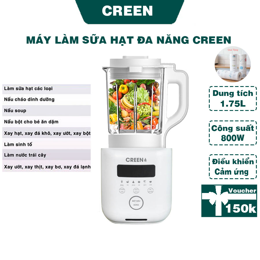 Máy Làm Sữa Hạt CREEN, công suất Lớn, Xay mịn, Dung tích 1.75 lít, Sẵn 12 Chế độ Tiếng Việt, Phím cảm ứng dễ sử dụng