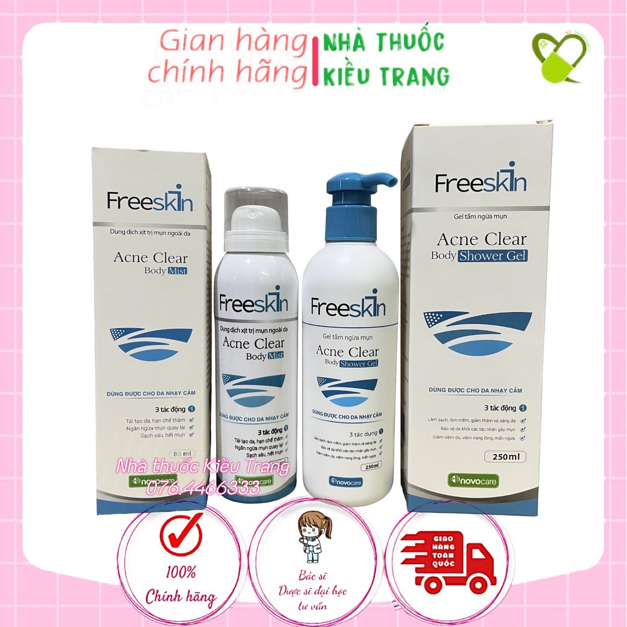 Combo Xịt mụn Sữa tắm Freeskin - Sạch mụn lưng, viêm nang lông, dày sừng nang lông, viêm da, giúp mờ thâm, sáng da