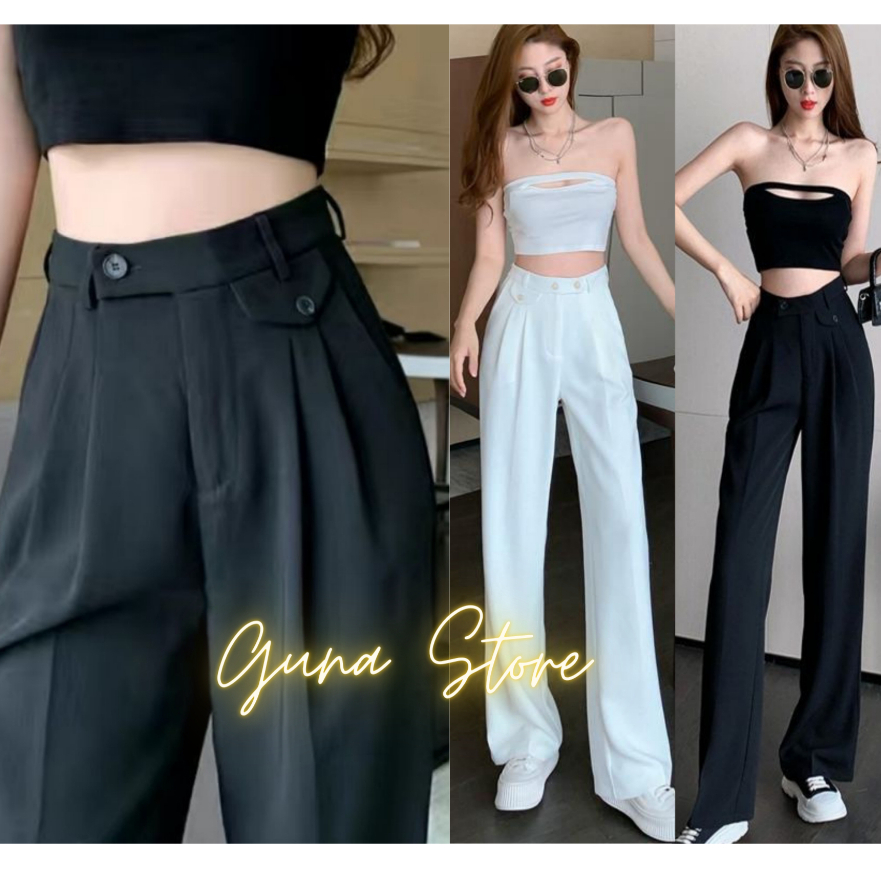 Quần ống suông Culottes dài 100cm cạp lưng cao khuy lệch nắp trước kiểu dáng độc đáo sang trọng.