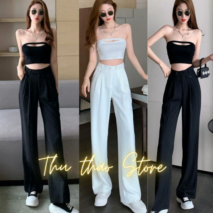Quần tây nữ ống rộng dài 100cm lưng cao cạp lệch túi nắp trước 2 khuy độc lạ-Kèm ảnh thật khách mặc.