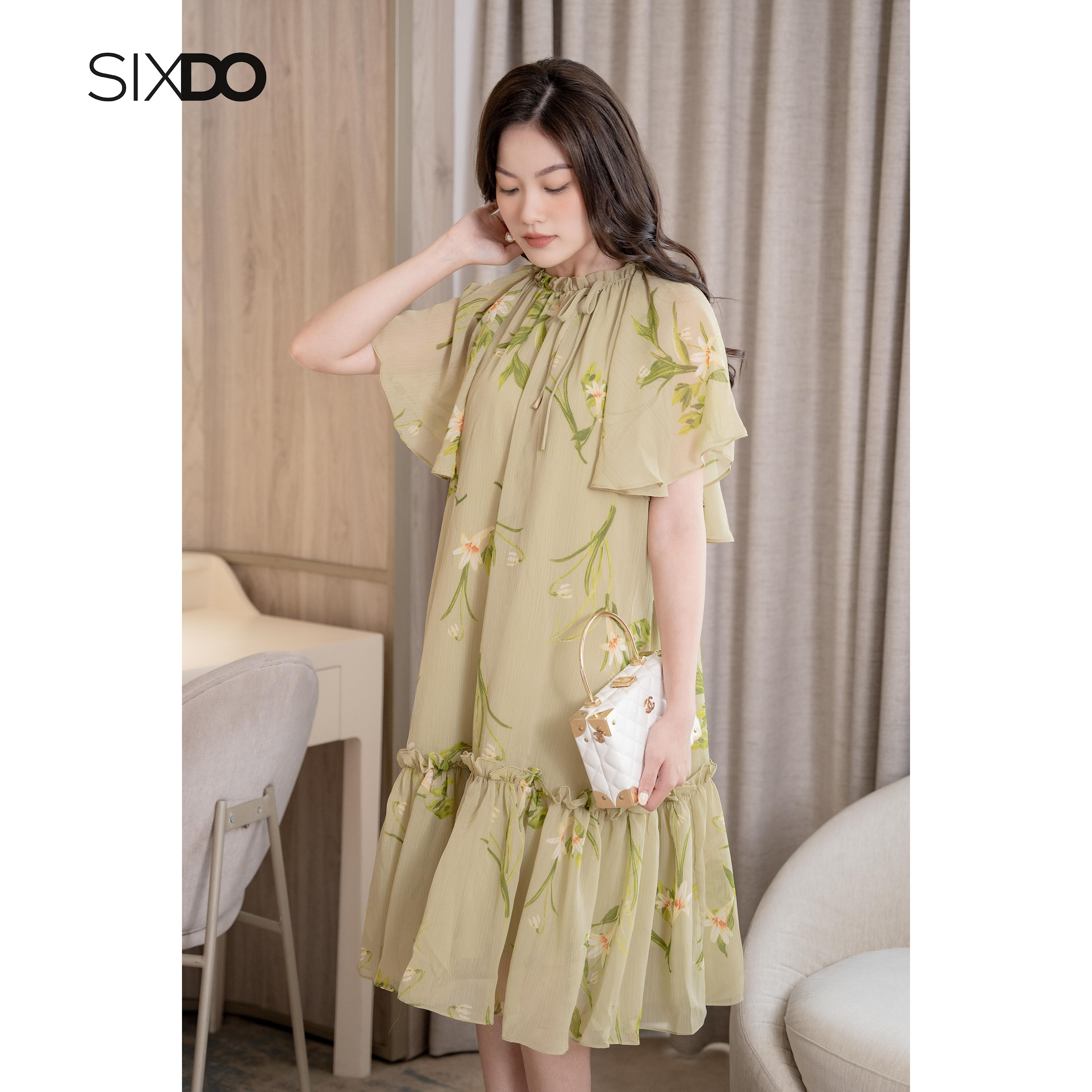 Đầm voan hoa dáng suông thanh lịch SIXDO (Green Nuggets Floral Cape Midi Voile Dress)