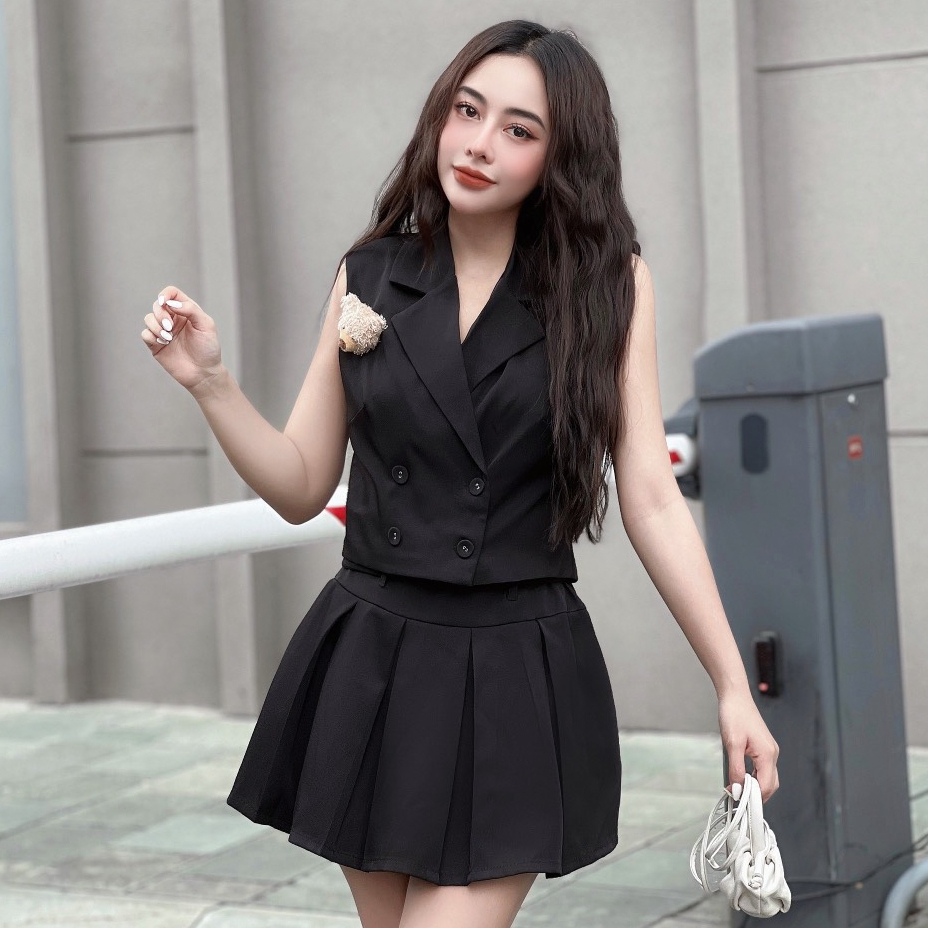 Set đồ nữ áo vest không tay phối chân váy xếp ly dáng A xòe thời trang công sở thiết kế cao cấp trẻ trung sang chảnh LEV