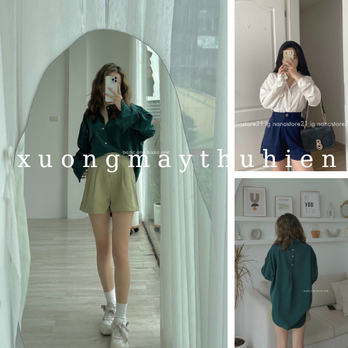 Áo sơ mi trơn màu xanh, trắng thiết kế 3 cúc sau lưng, sơ mi nữ tay dài dáng đuôi tôm chất đũi mềm mát xuongmaythuhien
