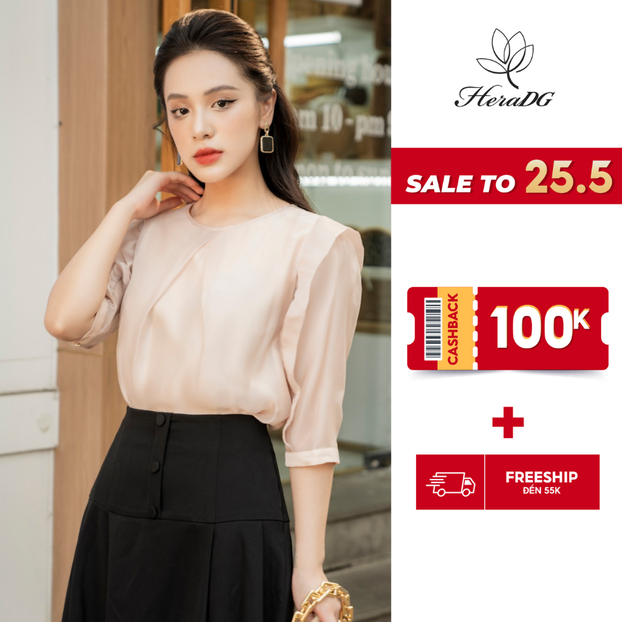 Áo sơ mi chất liệu tơ 2 lớp dáng suông tay lỡ HeraDG thiết kế tay cách điệu nhấn ly cổ sang trọng SAKBC2025