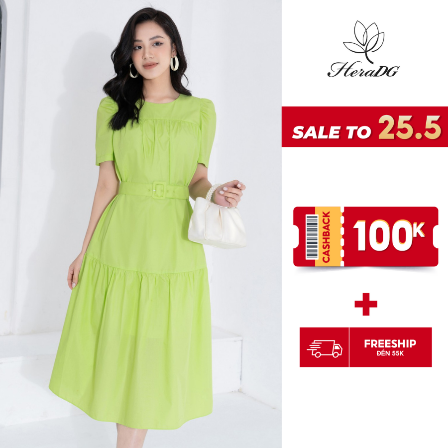 Đầm suông tiểu thư ngắn tay dáng midi HeraDG thiết kế kèm dây đai eo rời phù hợp đi làm đi chơi SDPBB2112