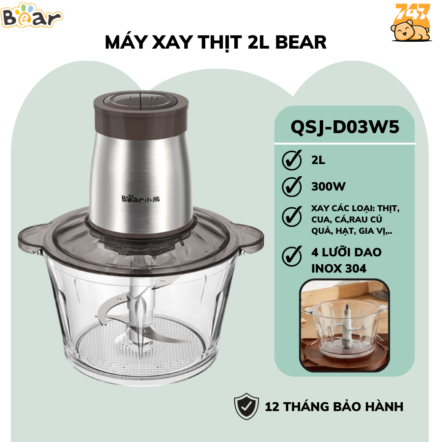 Máy xay đa năng 2L Bear QSJ- D03W5, xay sinh tố thịt cá thực phẩm hoa quả gia vị cầm tay tiện lợi, Hàng Chính Hãng