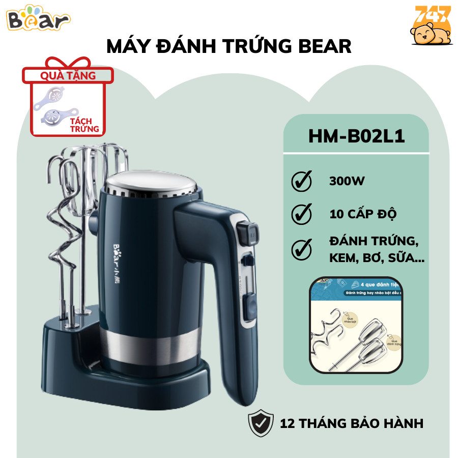 Máy đánh trứng kem bơ trộn bột Bear B02L1 đa năng, 10 tốc độ động cơ mạnh có hệ thống tản nhiệt, Hàng Chính Hãng, BH 12t