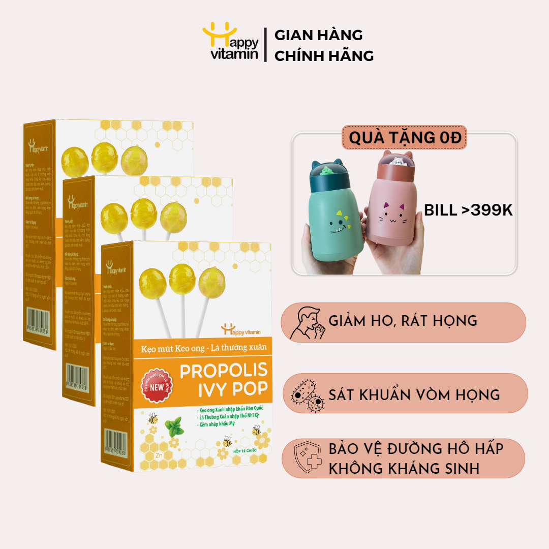Combo 3 Kẹo mút keo ong lá thường xuân Happy Vitamin hỗ trợ ngăn ngừa ho, viêm họng, bảo vệ vòm họng(12 que/hộp)