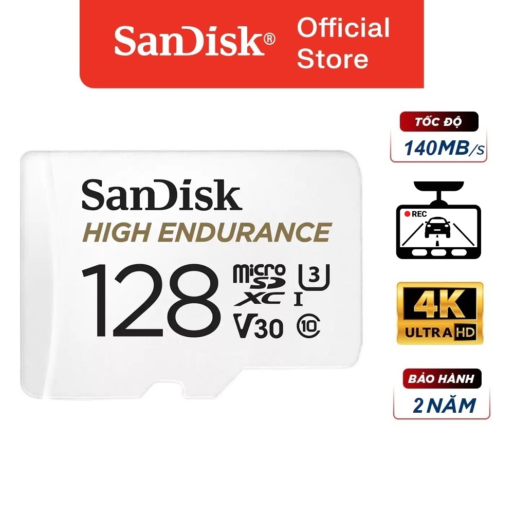 Thẻ nhớ SanDisk High Endurance 128GB microSDXC  UHS-I C10 U3 V30, 100MB/s (kèm adapter) - siêu bền cho camera