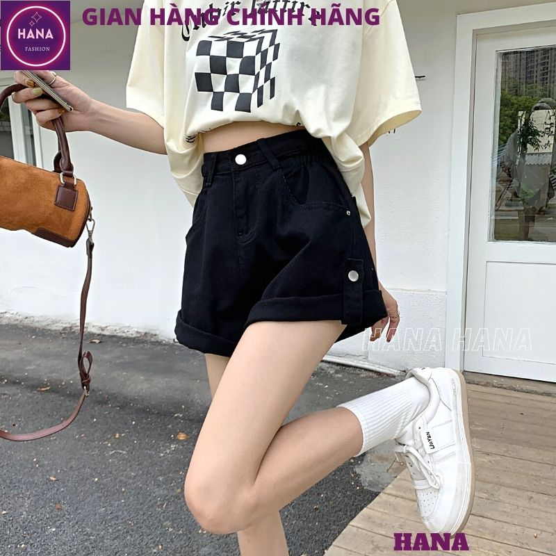 Quần short kaki nữ sắn gấu cạp cao bo chun ống rộng, Quần sooc gấp gấu mặc được 2 kiểu cực tộn dáng trẻ trung - HANA