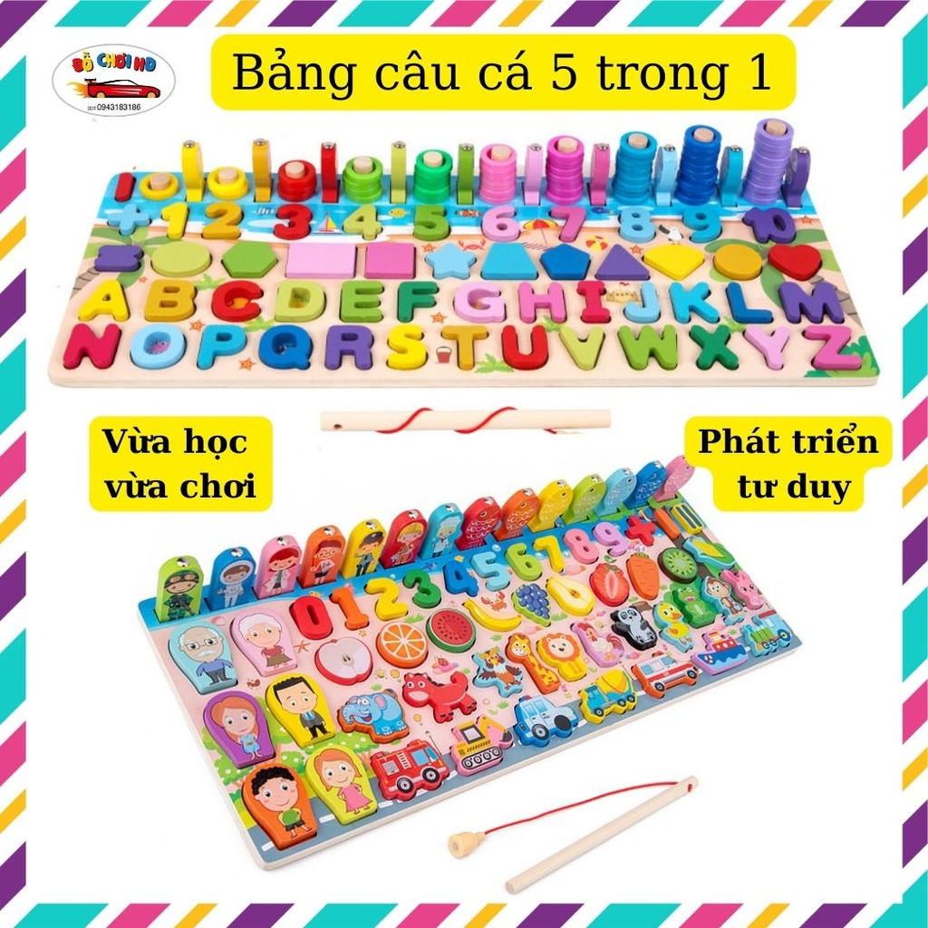 ( Khuyến Mãi ) Bộ Bảng Câu Cá Gỗ 5 trong 1 Và Ghép Hình Học, Chữ Số, Chữ Cái, Phương Tiện lắp ráp xếp hình đa năng
