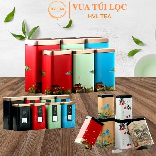 Hộp thiếc đựng trà hình chữ nhật hoạ tiết - HVL TEA