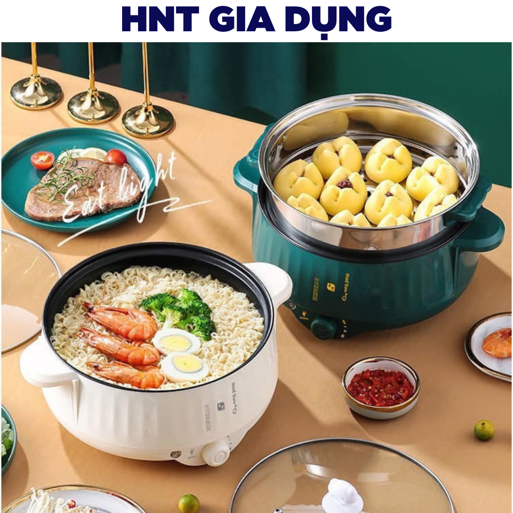 Nồi lẩu điện 2 tầng đa năng size 28cm , Chiên Hấp , Luộc , Lẩu , phủ lớp chống dính tốt, tặng kèm giá hấp HNT GIA DỤNG