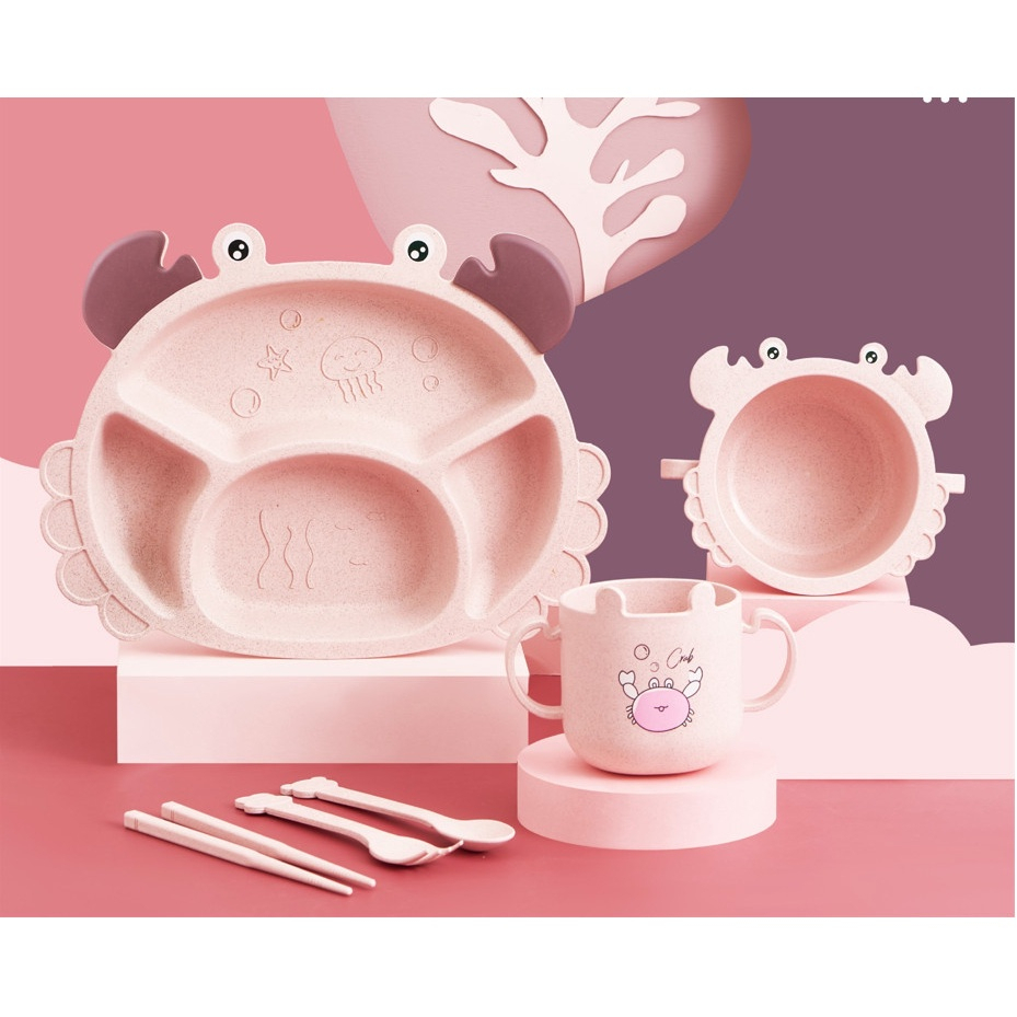 Khay ăn dặm lúa mạch Mom's Collection, bộ khay 3 chi tiết bao gồm khay, đũa bát ăn, ly