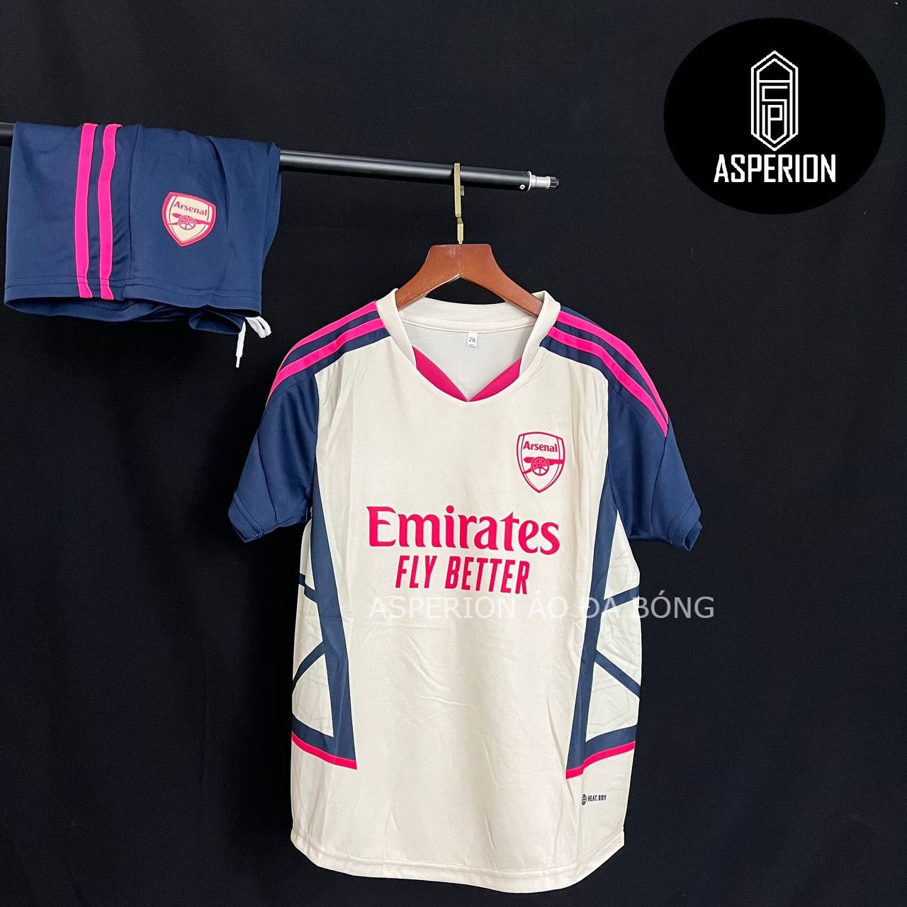 Bộ quần áo trẻ em thể thao bóng đá chất vải mè thái CLB Arsenal màu trắng viền hồng đẹp mắt