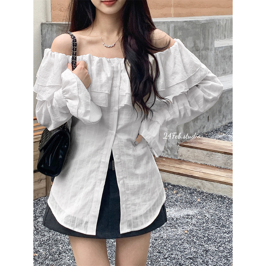 Áo sơ mi bèo trễ vai phong cách vintage Hàn Quốc