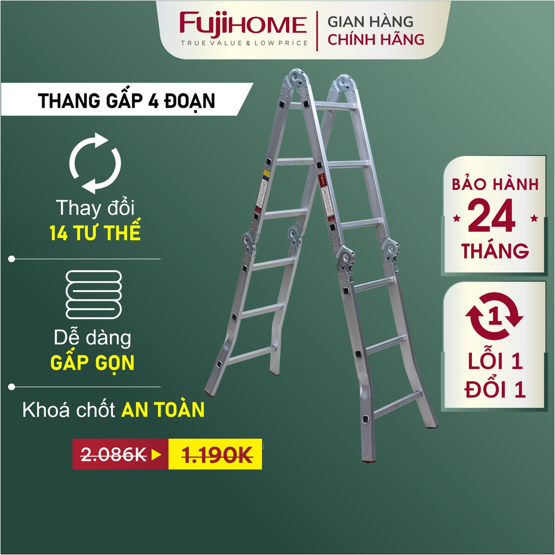 Thang nhôm 4,6 mét  gấp 4 đoạn chữ M Nhập Khẩu siêu đa năng FUJIHOME , thang xếp thang 4 khúc gia đình aluminum ladder