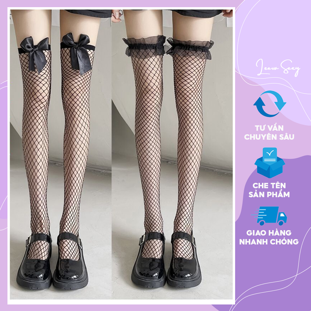 Tất Vớ Đùi lưới sexy gợi cảm Mỏng Cổ Cao Dài Đến Qua Đầu Gối Đen Trắng lưới cosplay đính nơ voan bèo gợi cảm PK08