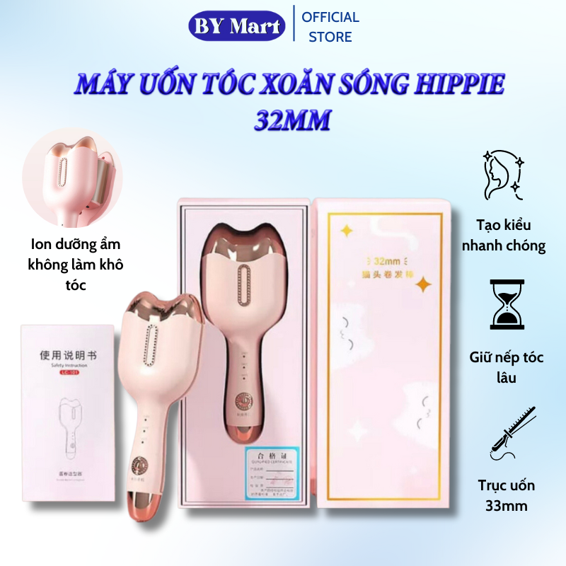 Máy Uốn Tóc Xoăn Sóng Hippie Size 32mm, Máy Tạo Kiểu Tóc 3 Mức Chỉnh Nhiệt Chất Liệu Gốm Sứ Chống Bỏng Tay Bảo Hành 12th