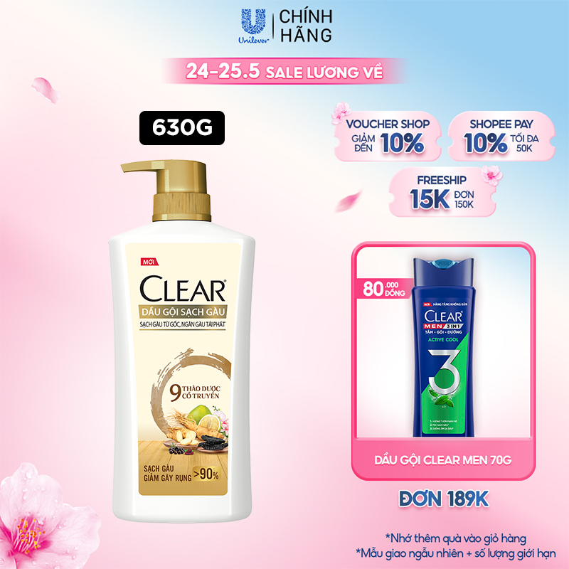 Dầu Gội CLEAR 9 Thảo Dược Cổ Truyền Sạch Gàu Giảm Gãy Rụng 630G