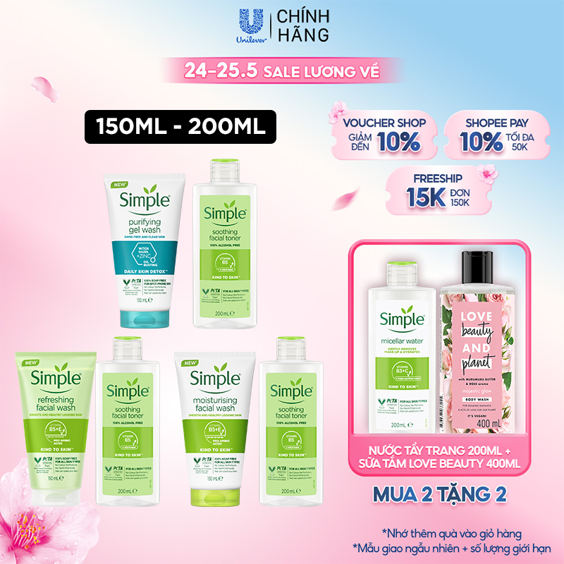 Combo Simple Sữa rửa mặt 150ml + Nước hoa hồng 200ml