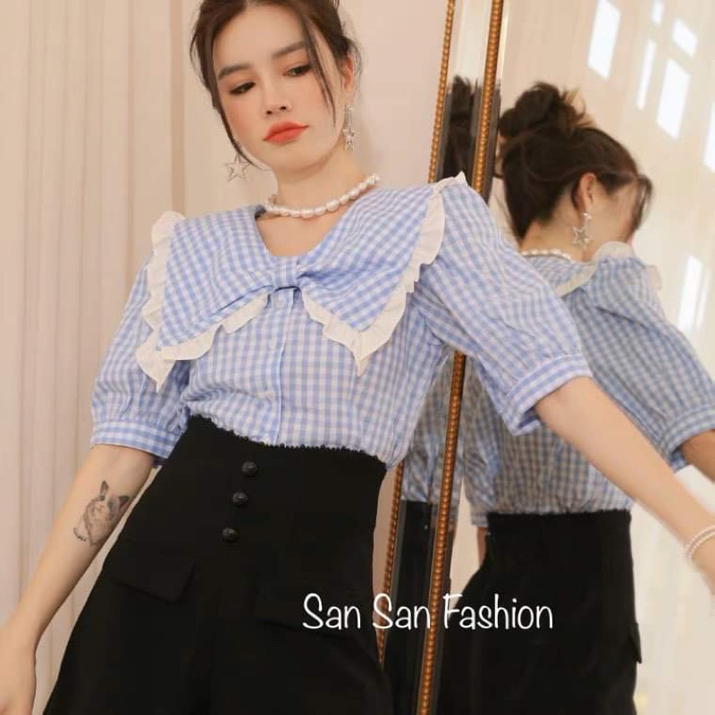 Áo sơ mi kẻ sọc tay phồng