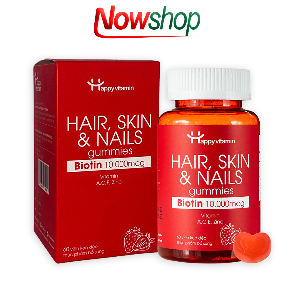 Kẹo dẻo Happy Vitamin Hair Skin & Nails đẹp da ngăn rụng tóc hạn chế lão hóa nuôi dưỡng tóc móng chắc khỏe. Hộp 60 viên