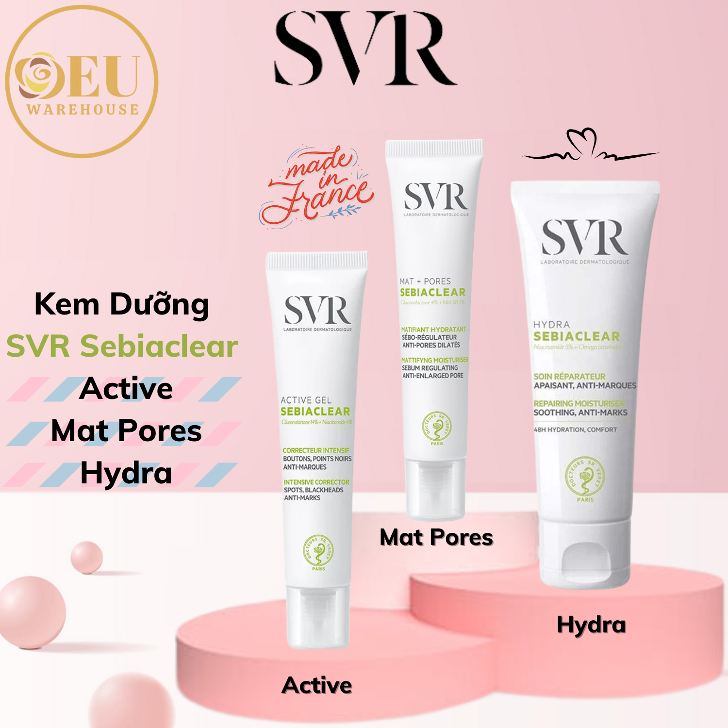 Bộ 3 Kem Dưỡng SVR Mat Pores / Active / Hydra Sebiaclear Cho Da Dầu Mụn Giảm Mụn Kiềm Dầu Thu Nhỏ Lỗ Ch