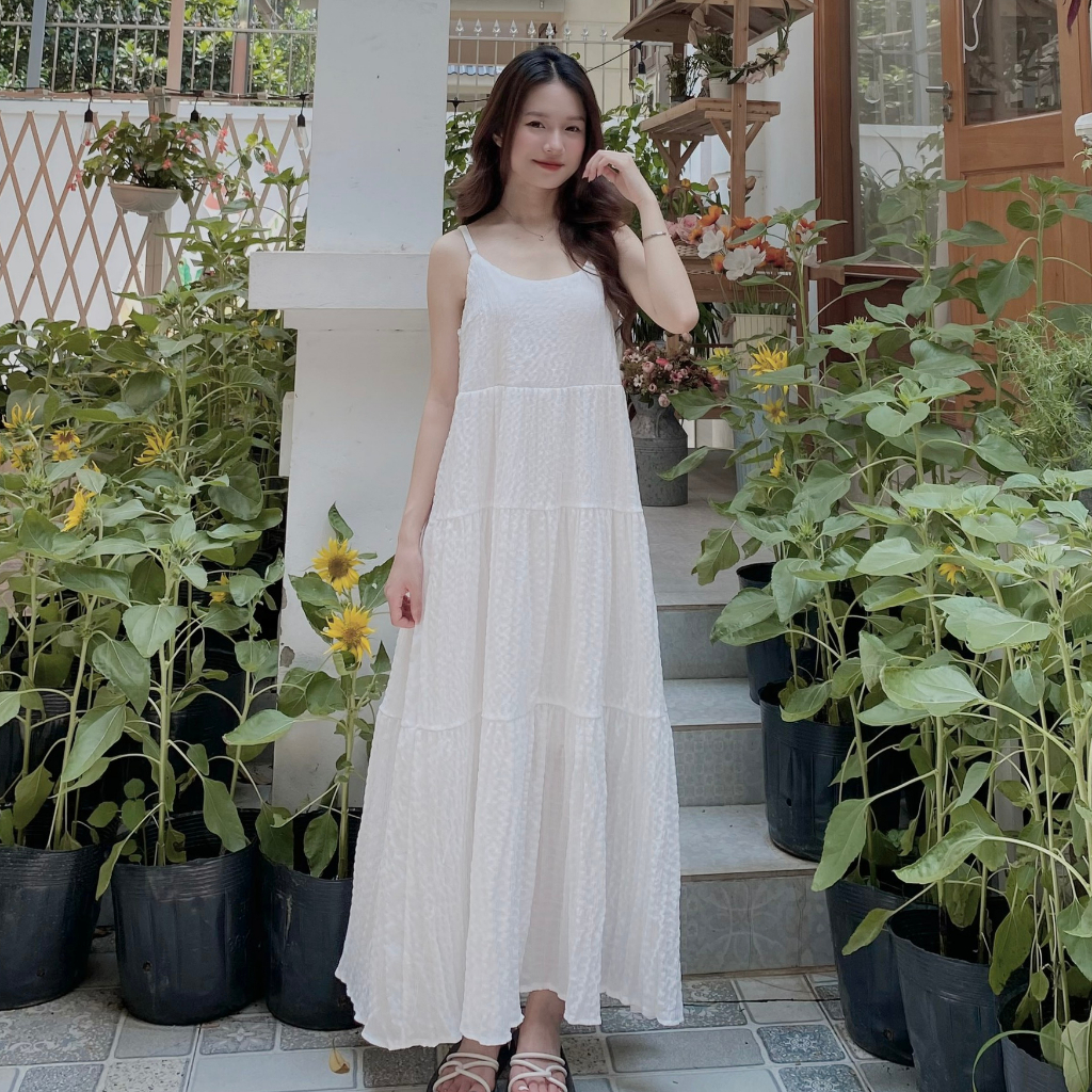 Váy đầm maxi dáng dài 2 dây chốt xốp không nhăn vintager trơn nàng thơ nhẹ nhàng Jun Store 3043