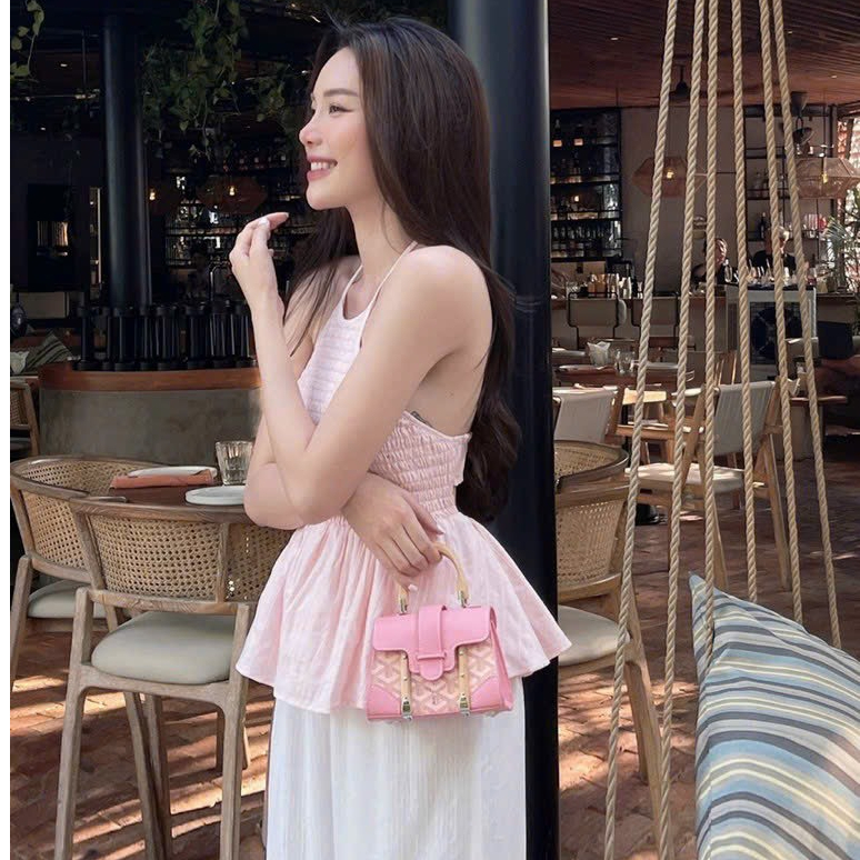 Set áo cổ yếm dáng peplum phối quần suông ống rộng lộ lưng trần gợi cảm quyến rũ thời trang thiết kế đi biển du lịch LEV
