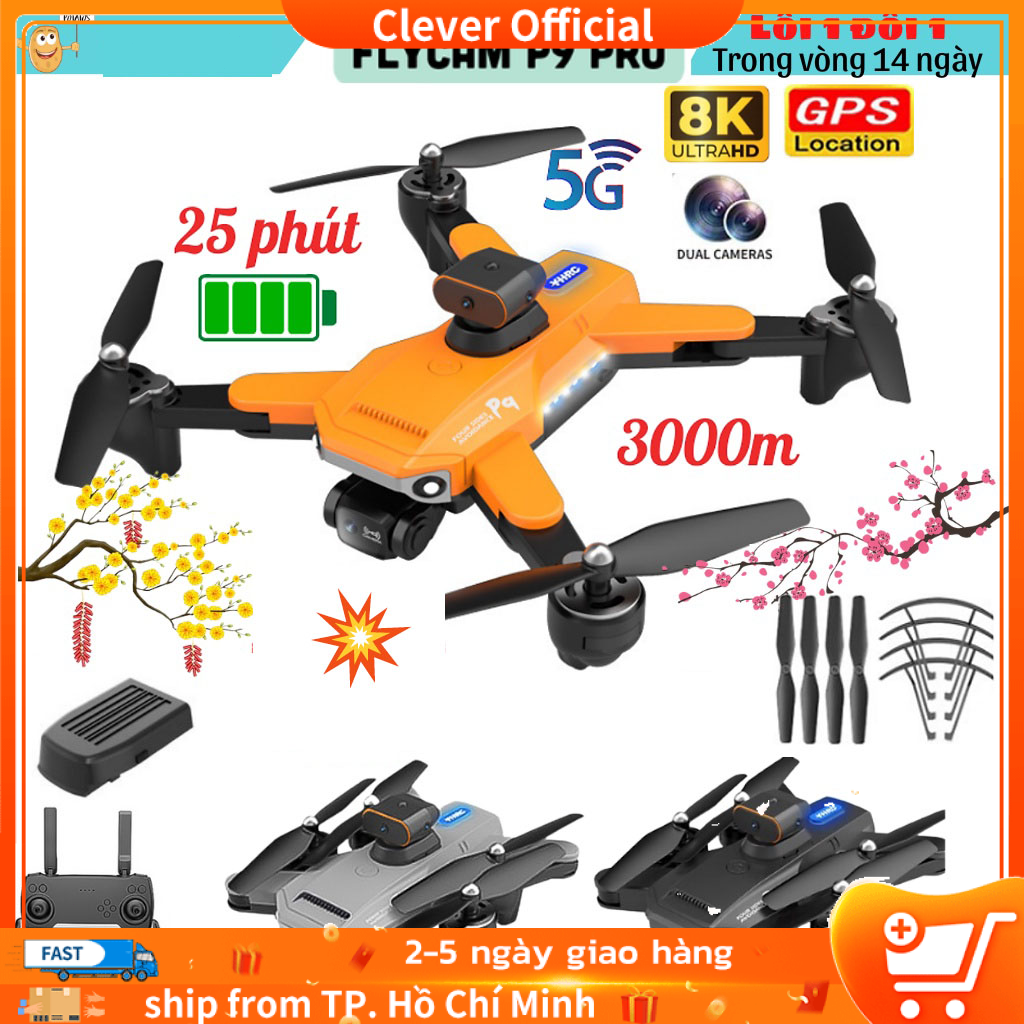 Flycam điều khiển từ xa P9 - playcam mini giá rẻ trang bị camera kép 4k, cảm biến chống va chạm trên không, pin 2500mAh