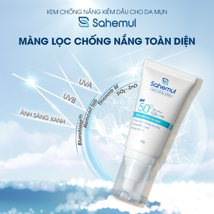 Kem Chống Nắng Kiềm Dầu Cho Da Mụn Sahemul Quang Phổ Rộng, Kháng Nước, Chống Ánh Sáng Xanh 50g