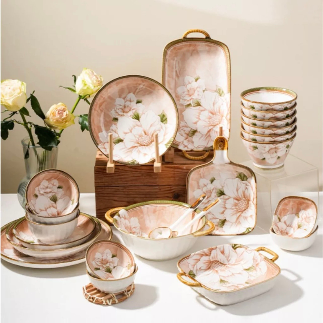 Bộ bát đĩa gốm sứ decor, Chén Dĩa ăn cơm dễ thương, Sét bát đĩa sứ hoạ tiết hoa trà cao cấp phong cách Nhật Bản siêu đẹp