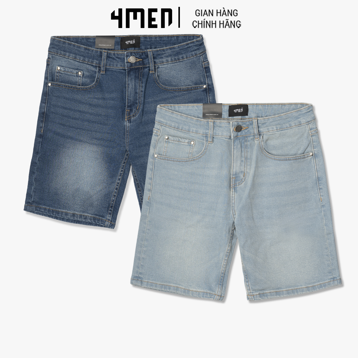 Quần Short Jeans Thêu Wave Form Regular 4MEN QS043 nam vải denim dày dặn, mềm mại, thoáng mát, co giãn, trẻ trung