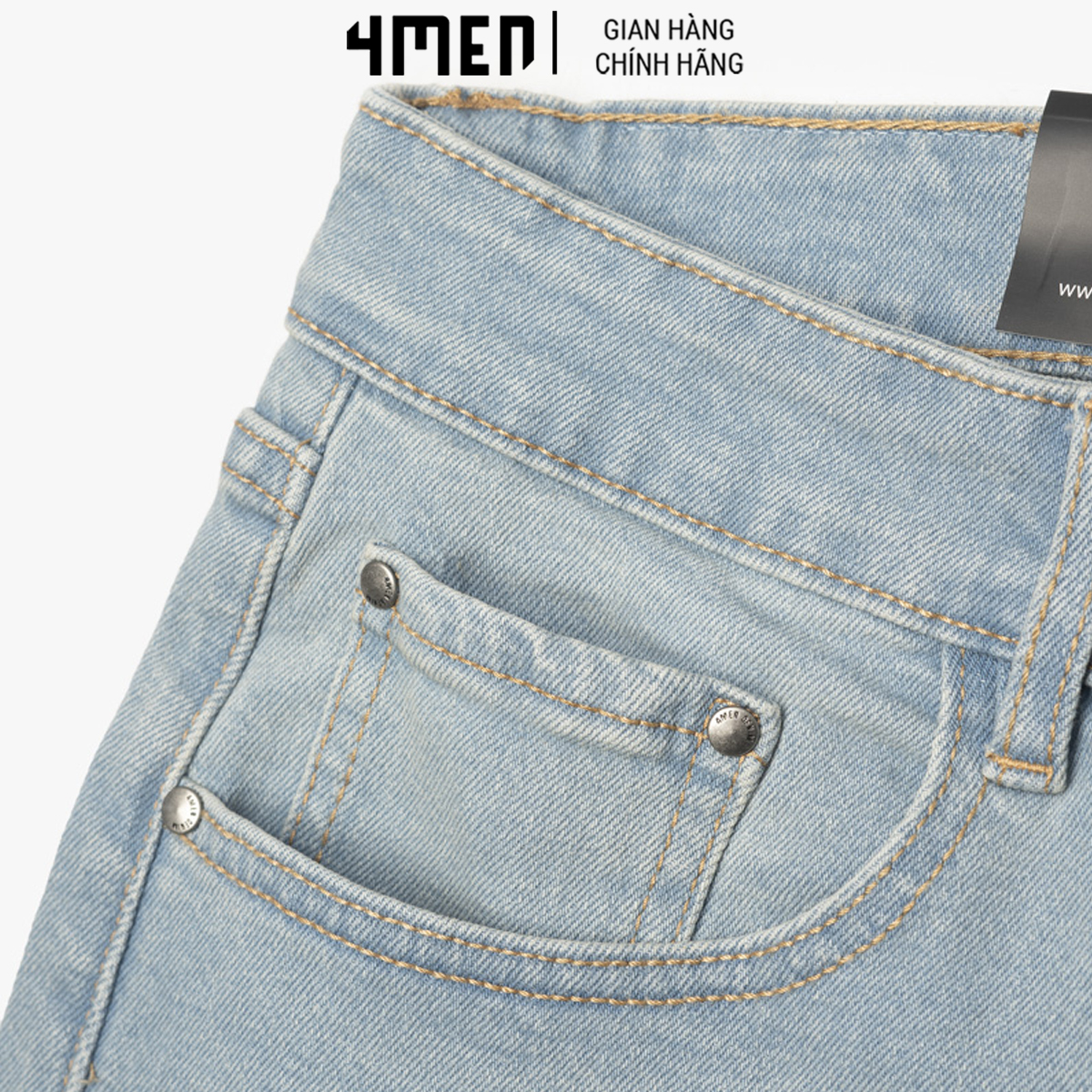 Quần Short Jeans Thêu Wave Form Regular 4MEN QS043 nam vải denim dày dặn, mềm mại, thoáng mát, co giãn, trẻ trung