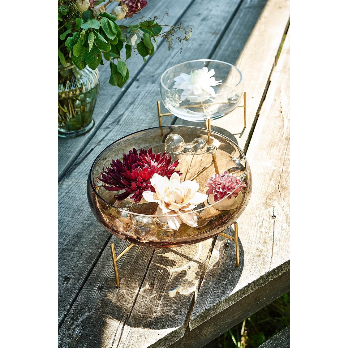 Đĩa thủy tinh có chân thả hoa nến/trang trí làm tiểu cảnh trang trí quán cafe, nhà cửa, phòng làm việc