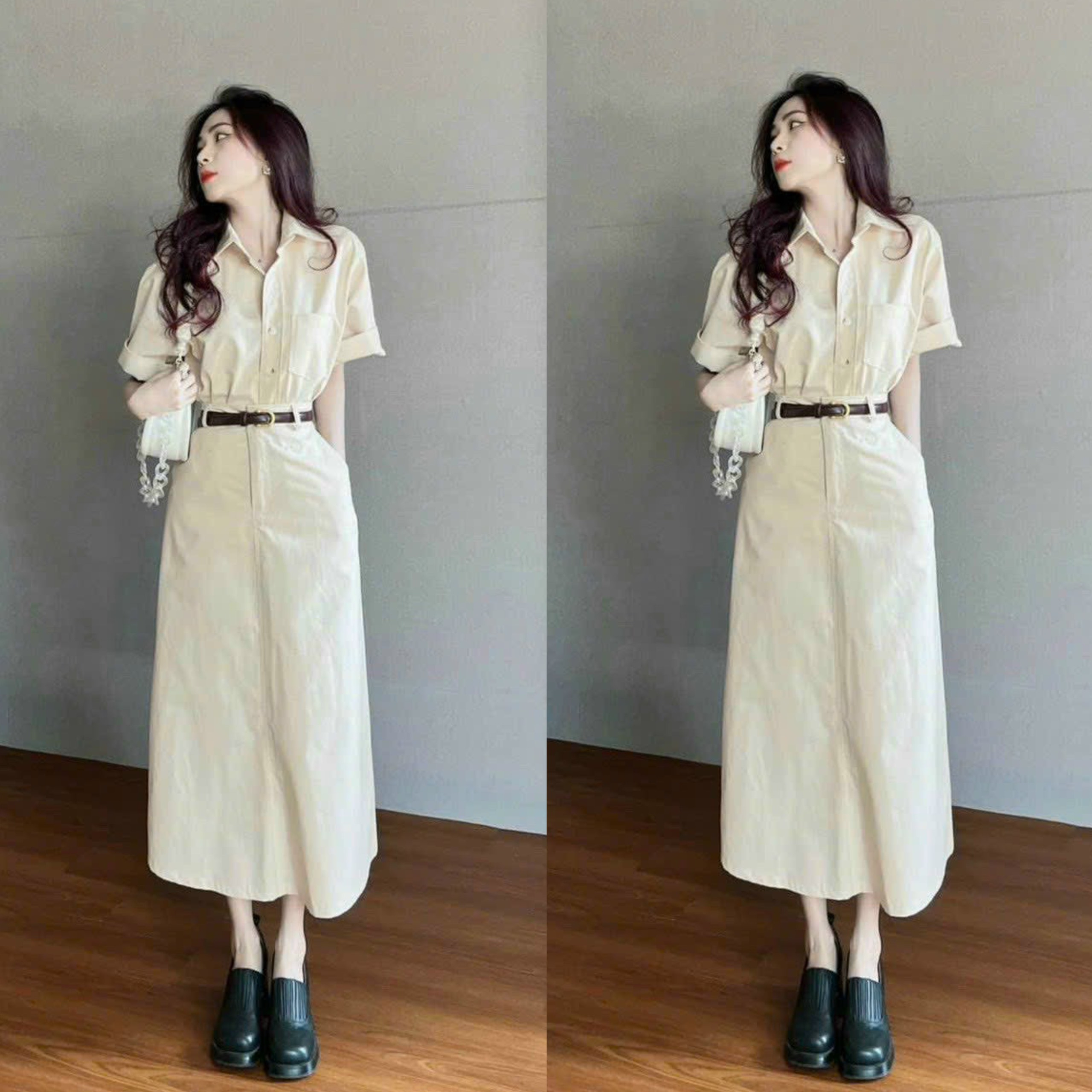 Set váy kaki áo cổ sơ mi cài nút mix chân váy chữ A kèm nịt với 2 tone màu sang chảnh, duyên dáng phù hợp dự tiệc