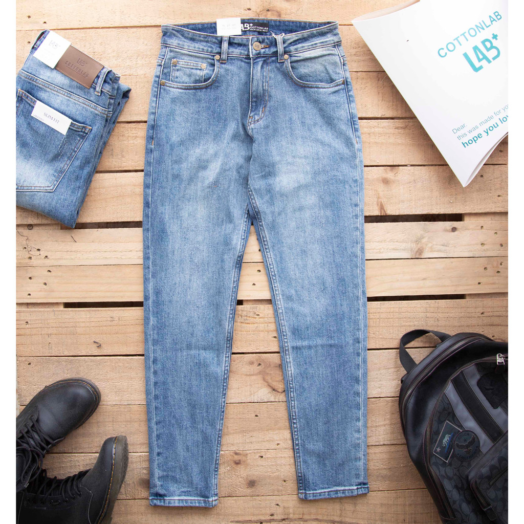 Quần Jean nam LAB+ COTTONLAB màu xanh wash, quần bò nam co giãn form Slimfit - LAB230501