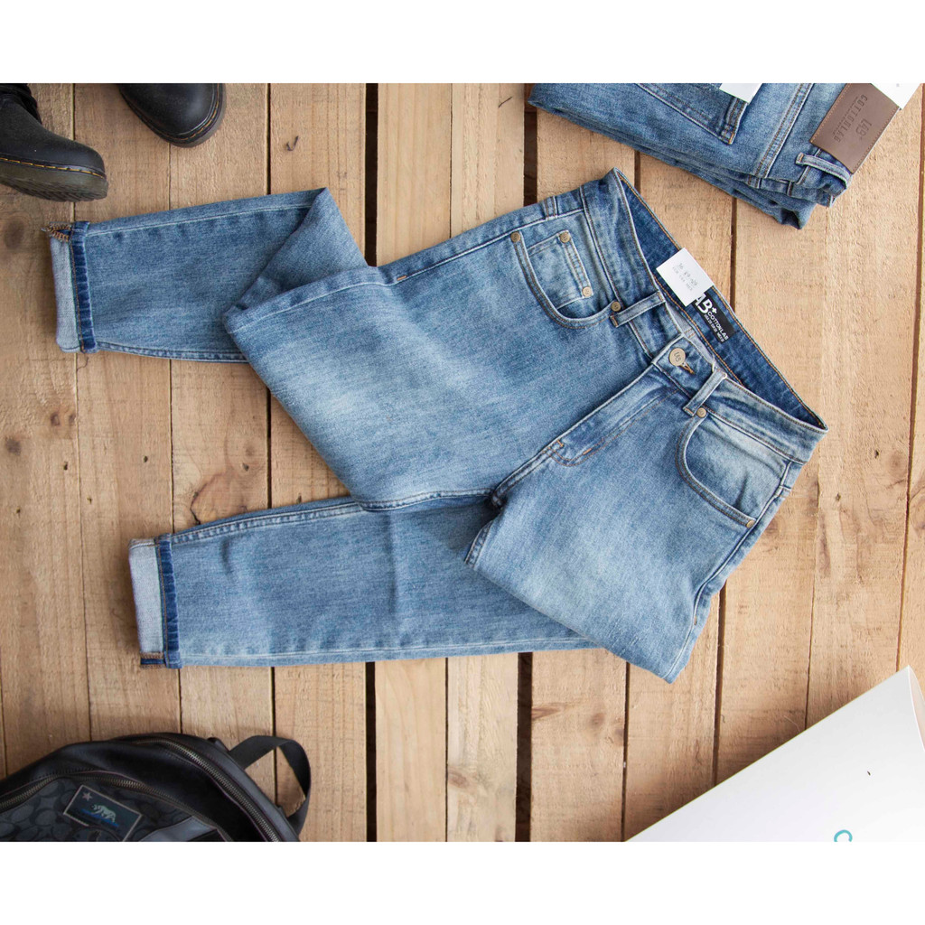 Quần Jean nam LAB+ COTTONLAB màu xanh wash, quần bò nam co giãn form Slimfit - LAB230501