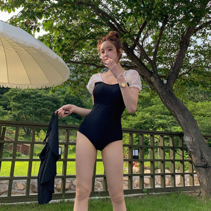 Bikini liền thân bộ đồ bơi cộc tay phối ren sang chảnh che khuyết điểm kèm chân váy ngoài thời trang Hàn Quôc