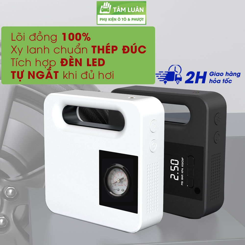 Bơm xe ô tô, máy bơm hơi mini 12V điện tử tự ngắt tích hợp đèn LED, chip chống đoản mạch an phụ kiện oto Tâm Luân